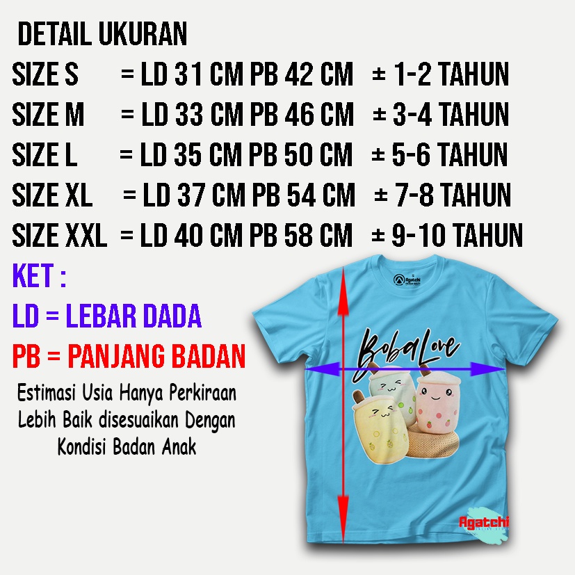 Kaos Anak / Baju Anak Perempuan T Shirt Kids Motif Bantal Boba Love