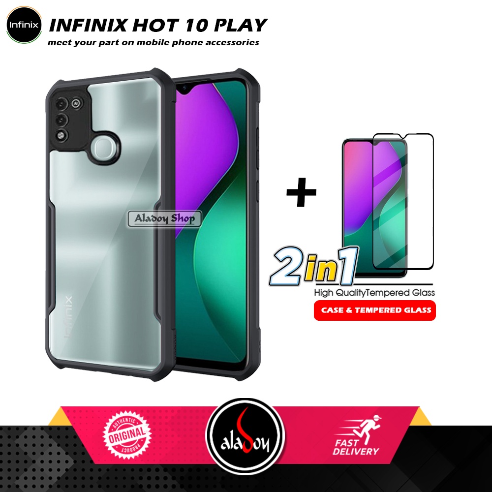 Case Infinix Hot 10 Play Armor Fusion Transparet Free Tempered Glass PAKET 2 IN 1 Casing dan Tempered Glass Layar