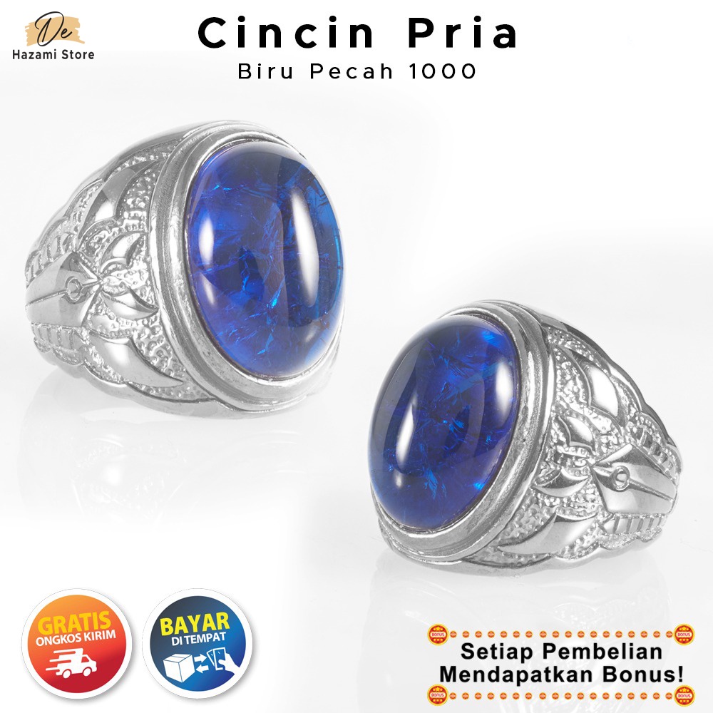 BISA COD Cincin Pria Titanium Biru Pecah 1000 Silver Batu Keren Mewah Akik
