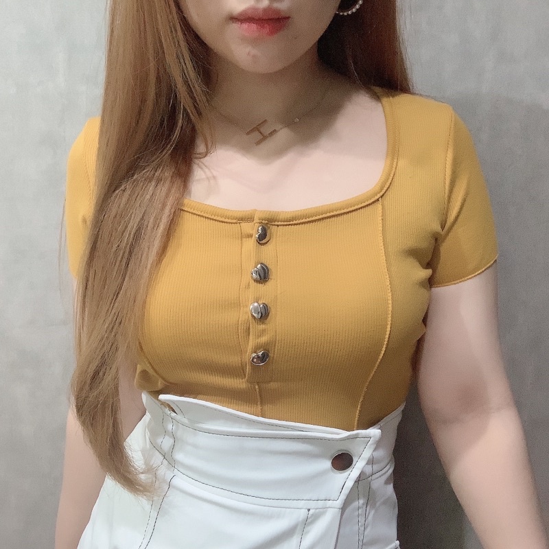 Love Button Crop Top | Atasan Wanita Korean Fashion | Maimon Grosir