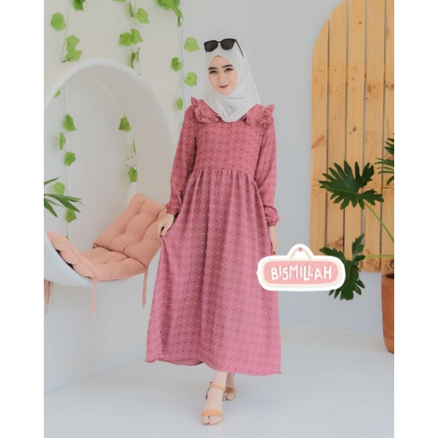 Gamis Harian Amelia,, Midi Two tone, Cringkle Polos, Dres Polka by Amelia