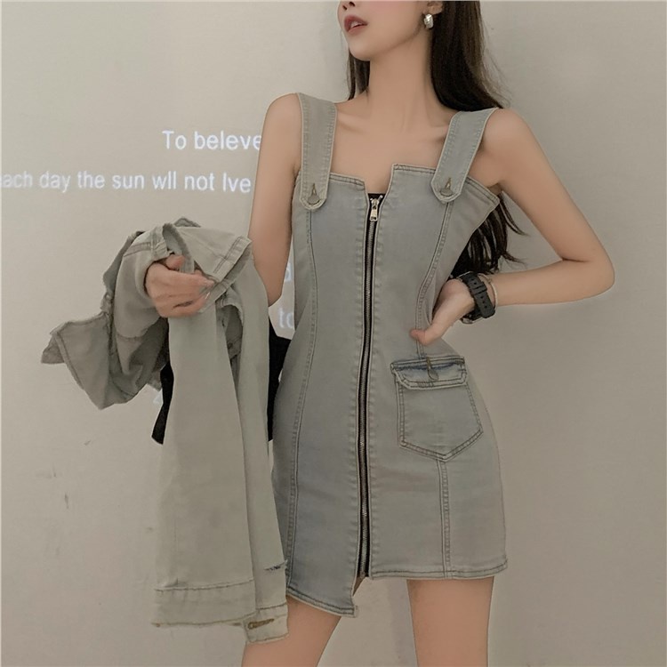 gaun gaya korea ritsleting v-neck strap dress pekerja saku kecil a-line rok pendek wanita