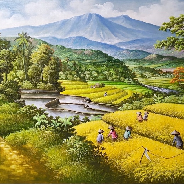 Lukisan pemandangan panen padi dengan terasering yang Indah