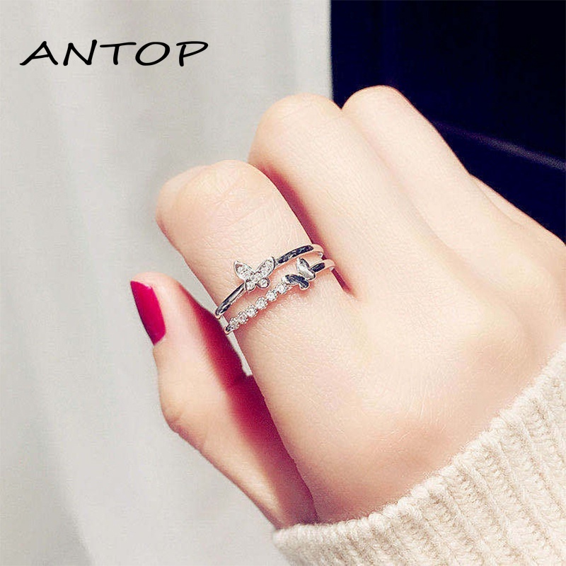 Double Butterfly Diamond Ring Pembukaan Cincin Dapat Disesuaikan Wanita Fashion Perhiasan Aksesoris Hadiah Natal ANTOP