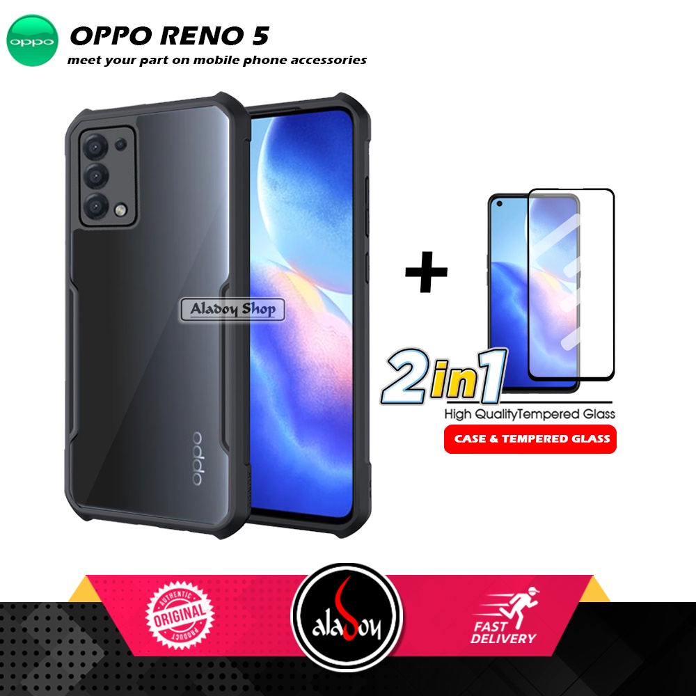 PAKET 2 IN 1 Case Oppo Reno 5 Armor Fusion Transparent Prmium Casing Free Tempered Glass