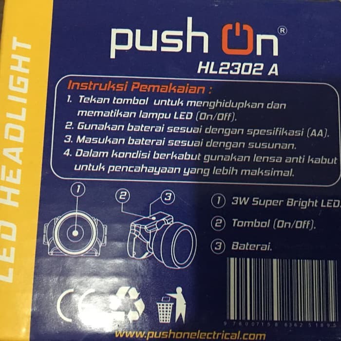 Senter Kepala Push On HL2302 A 3Watt LED Baterai AA 3pcs