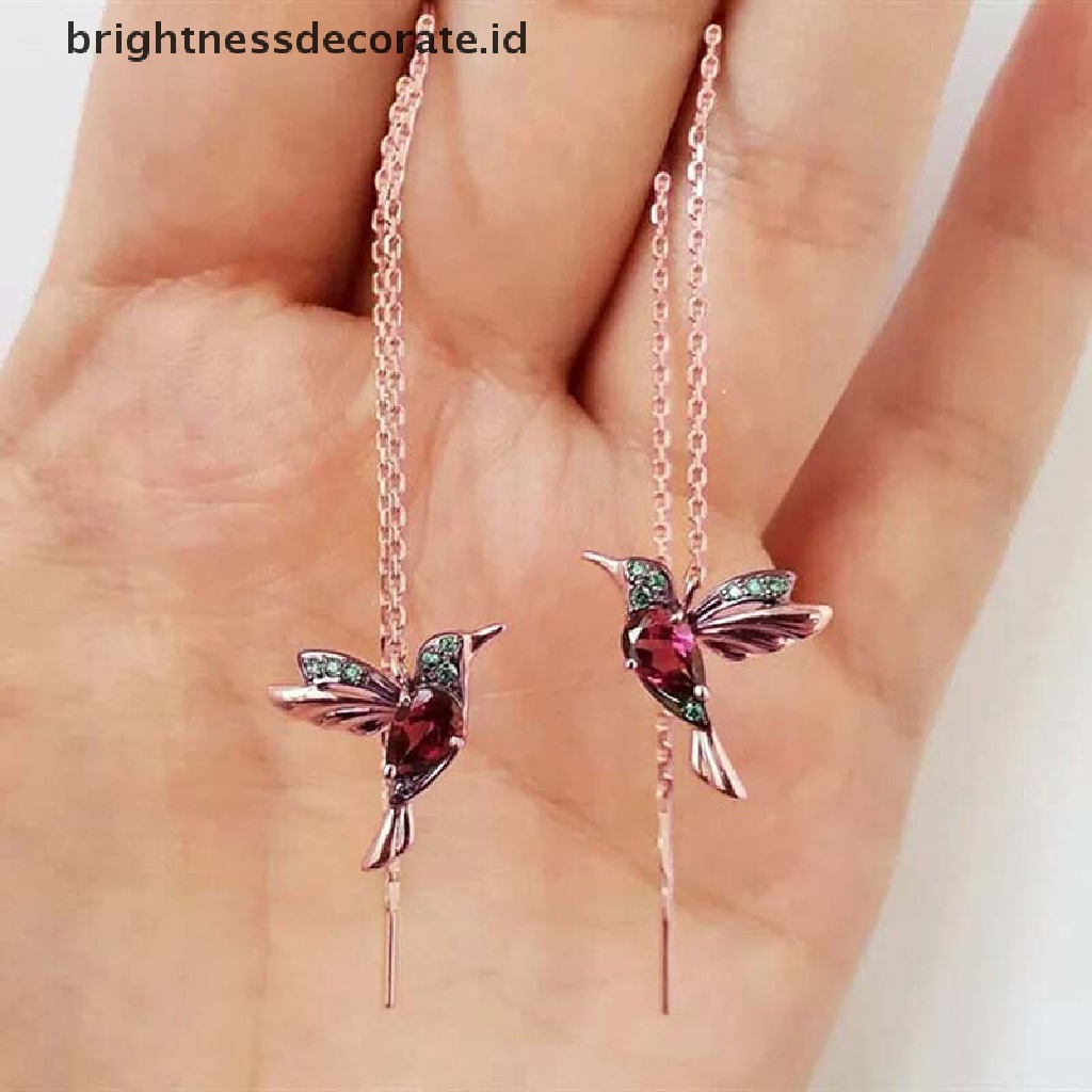 Anting Panjang Liontin Burung Kolibri Aksen Kristal