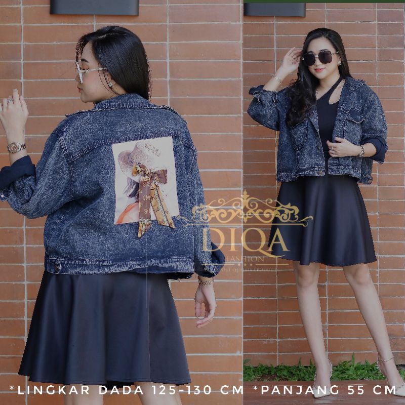 JAKET CROP WANITA EMBLEM PITA 3D LINGKAR DADA 100-130 cm ATASAN WANITA JEANS JUMBO OVERSIZE