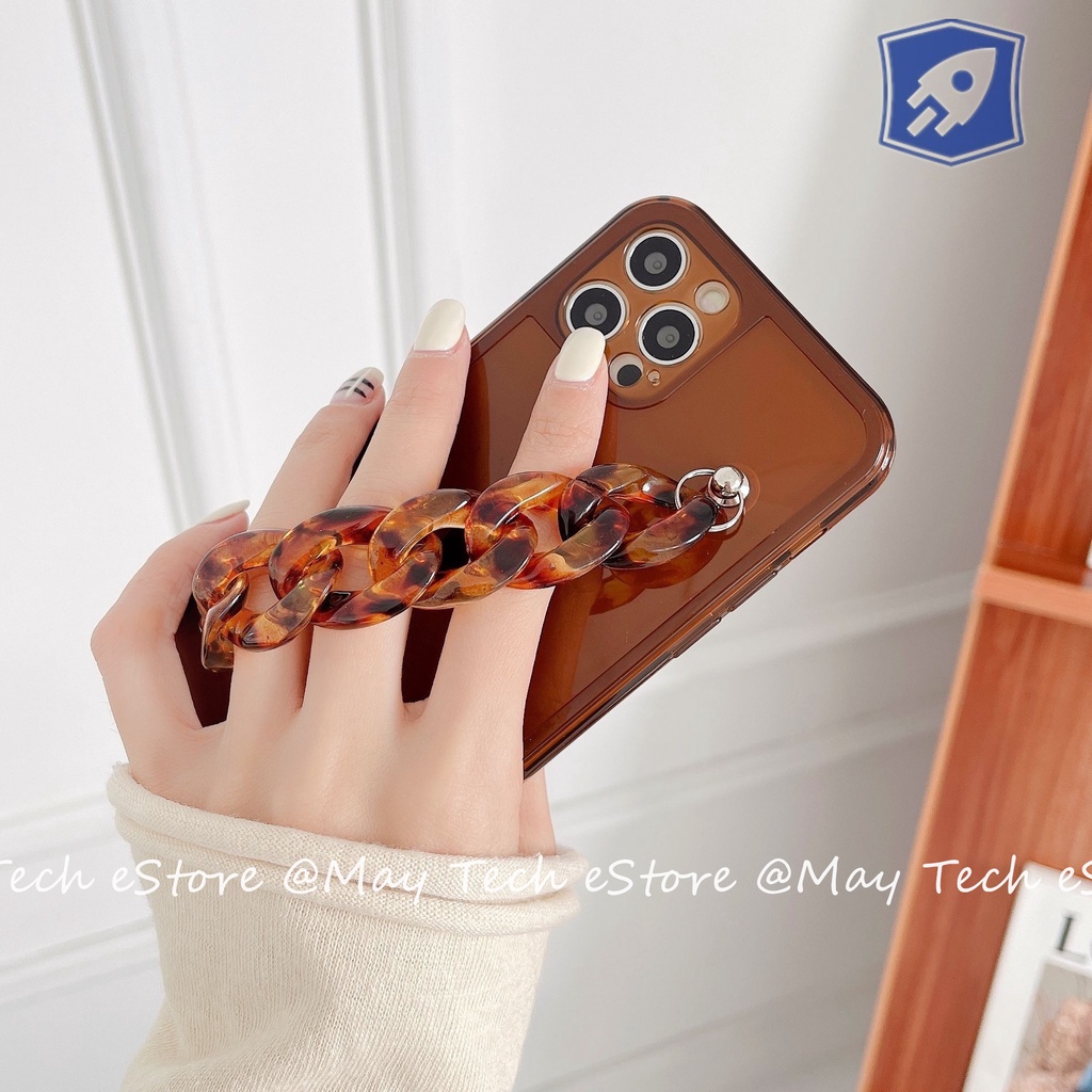 Casing iPhone Putih Beige / Biru / Coklat Coffee Transparan dengan Hand Grip Rantai iPhone X XS XR XSMAX 11 12 13 PRO PROMAX