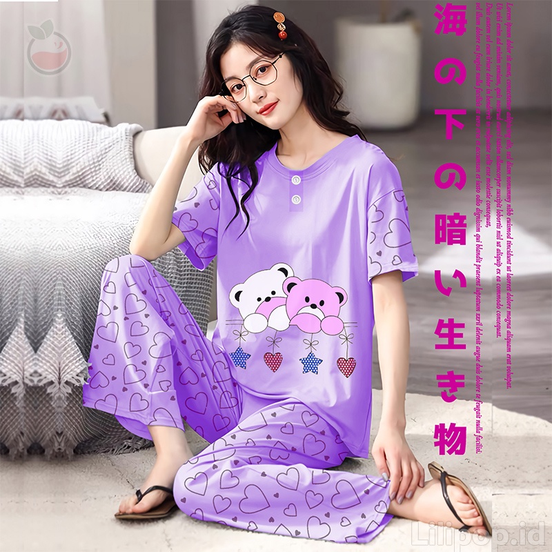 Baju Tidur Stelan Wanita Celana Panjang Baby doll Dewasa Piyama Allsize Cp Lilipop Sleep Wear-Twin Bear ungu