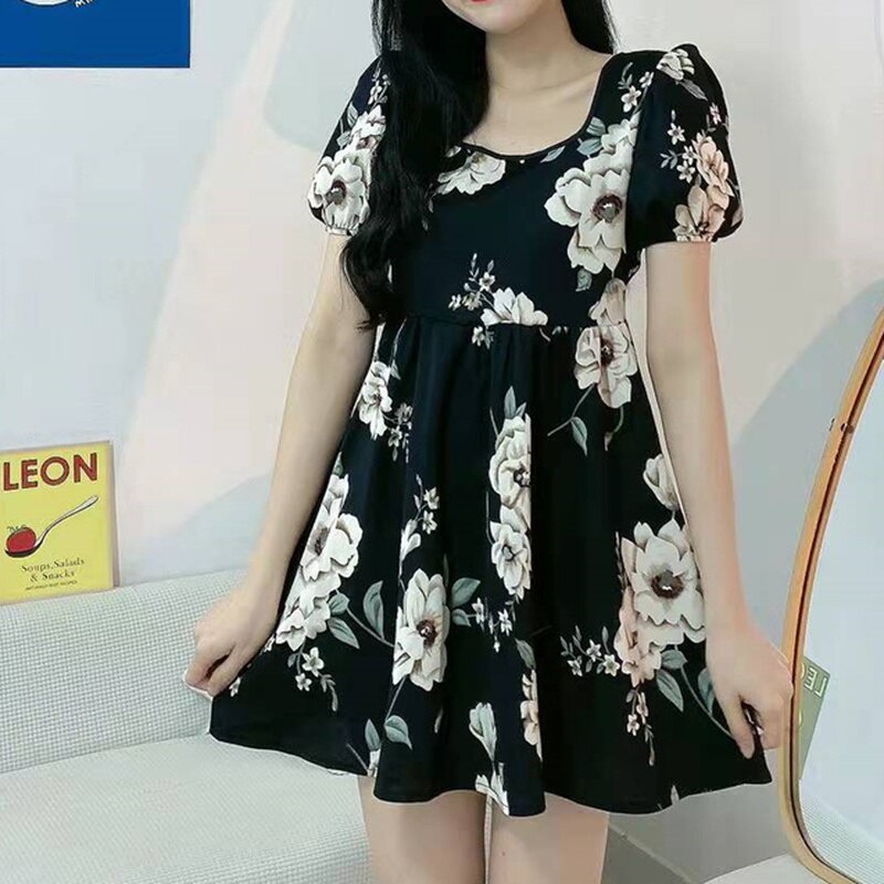 Bohemian Musim Panas Lengan Pendek Dicetak Floral Mini Dresses Wanita A-line Kasual Dress