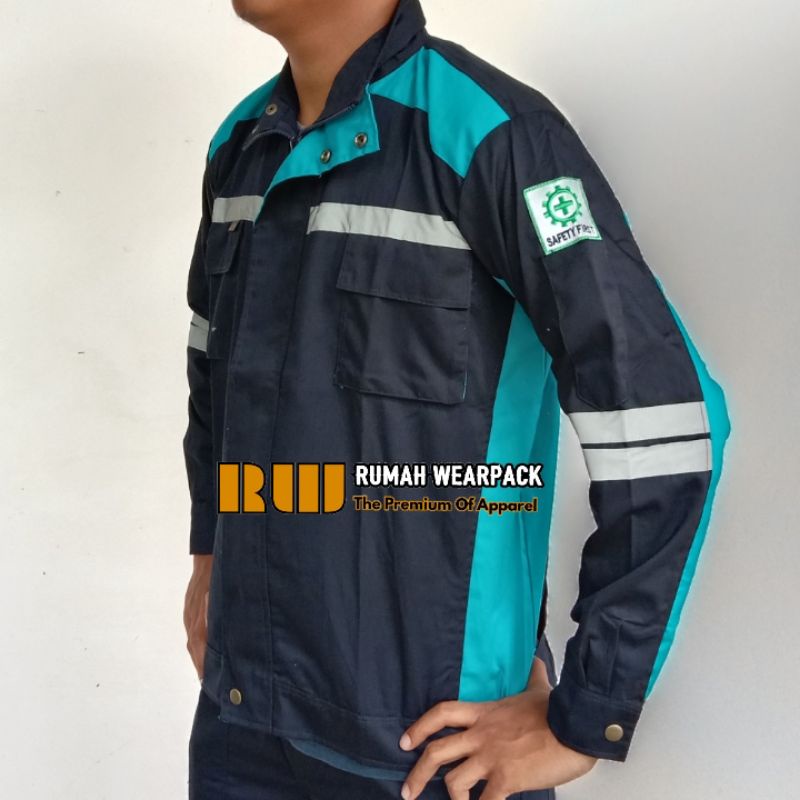 Semi Jacket Safety/ Wearpack Safety Jaket Safety Atasan Lengan Panjang Navy Kombinasi Biru Tosca