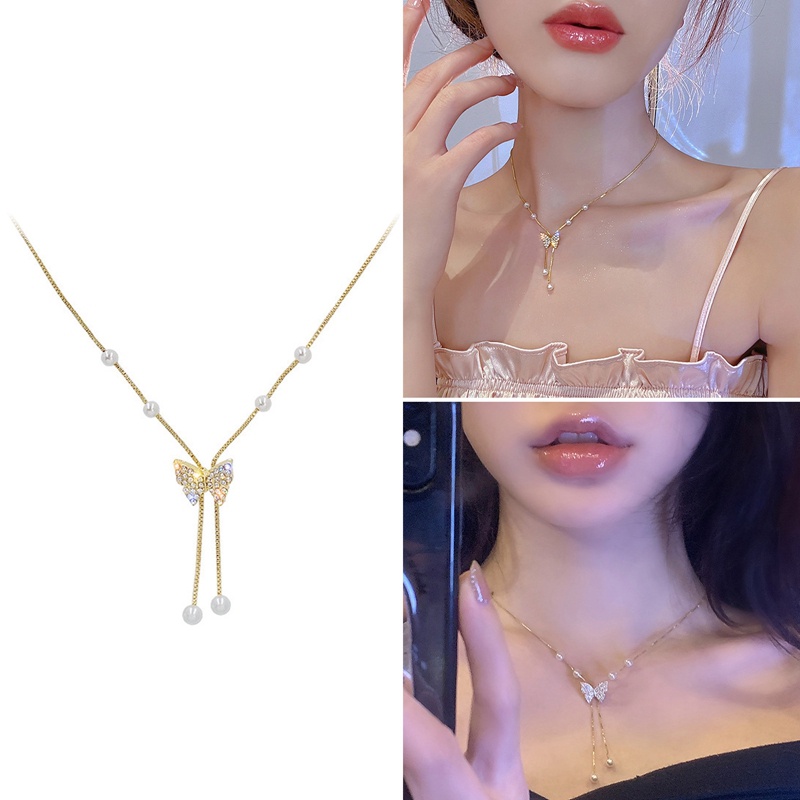 Kalung Rantai Klavikula Liontin Kupu-Kupu Aksen Mutiara Zirkon Untuk Hadiah Ulang Tahun Pernikahan Wanita