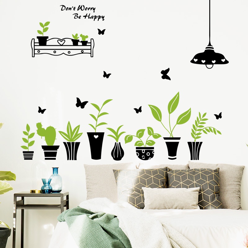 2pcs / set Stiker Dinding Decal Desain Kartun Butterfly Pot Tanaman Hijau Untuk Dekorasi Ruang Tamu / Kamar Tidur