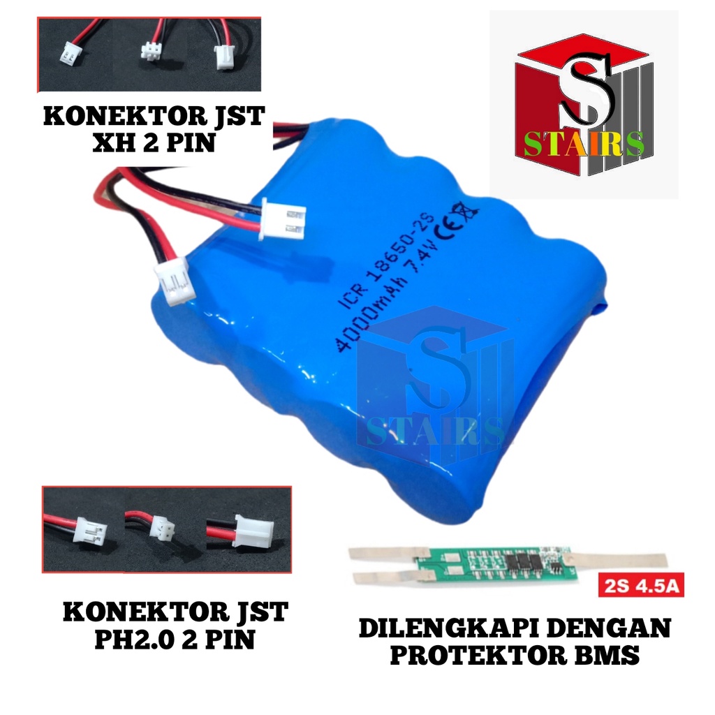 Baterai Speaker/ Mainan Anak &amp; Elektronik Lainnya 4X 18650-2S 7.4V 4000mAh Protektor BMS 4.5A DOUBLE SOKET PH2.0 &amp; XH 2 PIN