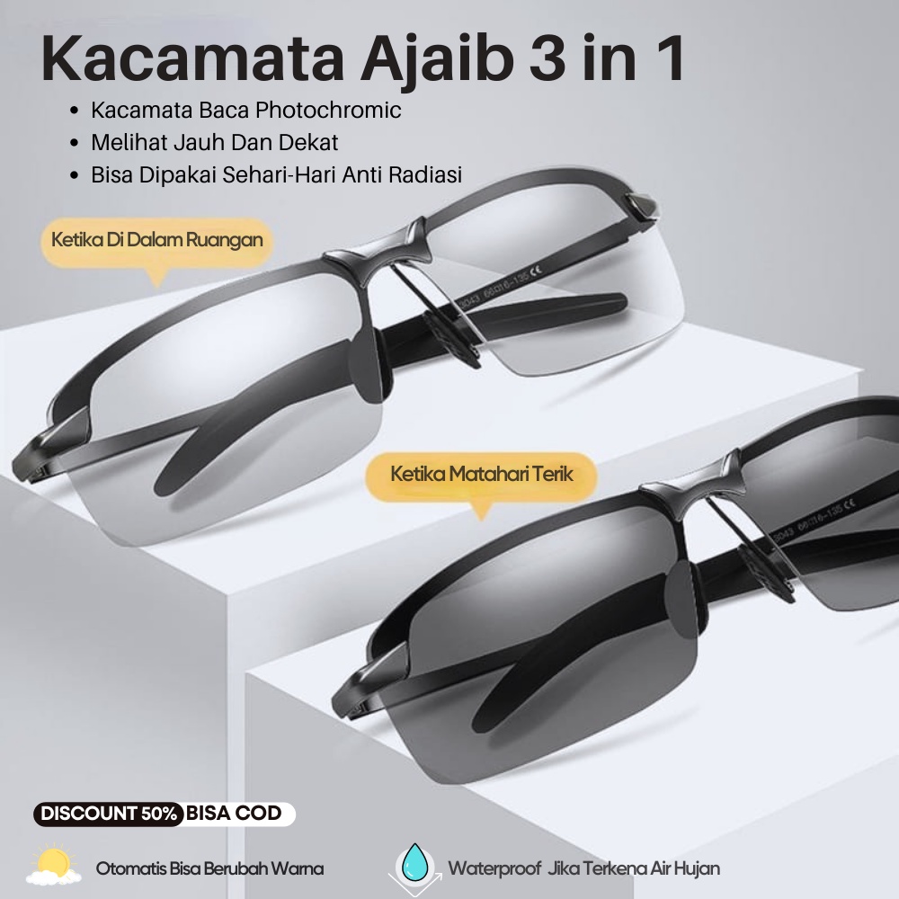 Kacamata Ajaib 3 in 1Original Terbaru  Photochromic Fotokromik Pria Wanita / Kacamata Anti Silau Sia