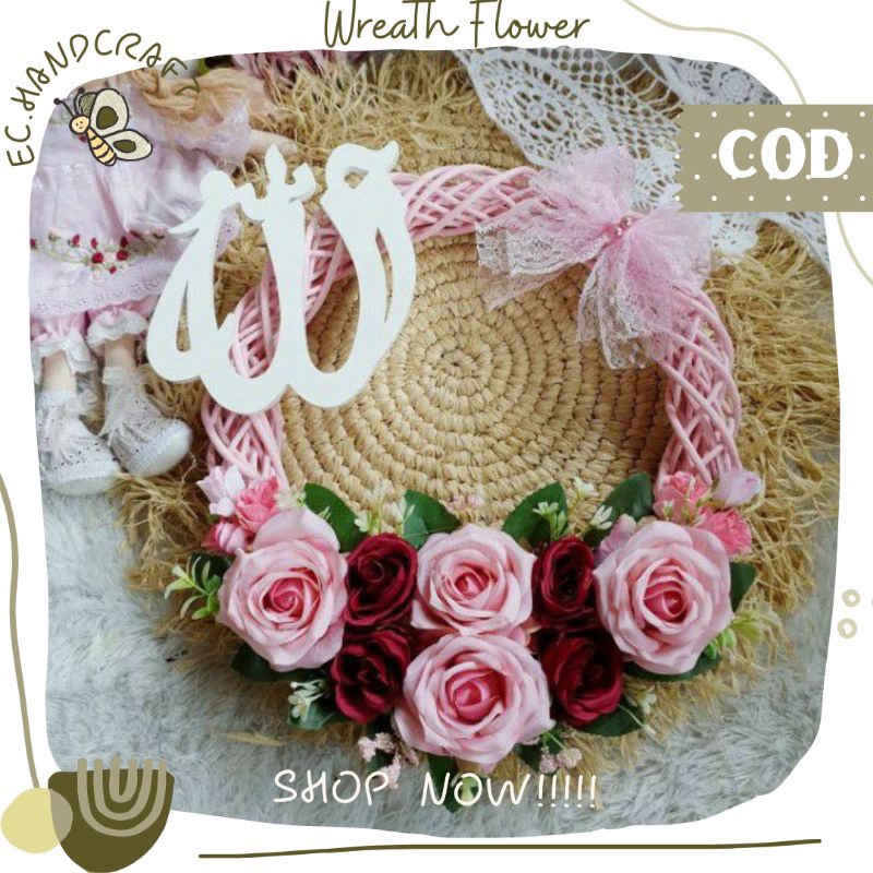 Hiasan Dinding Hiasan Pintu Wreath Flower Rotan Tulisan Allah Homedecor