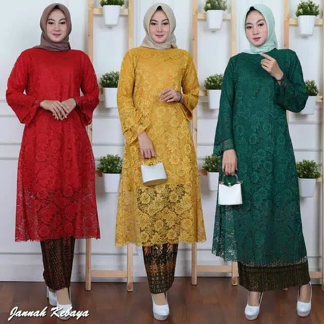 Setelan Kebaya Brukat Tunik Mix Plisket Merah / Gold / Hijau Botol