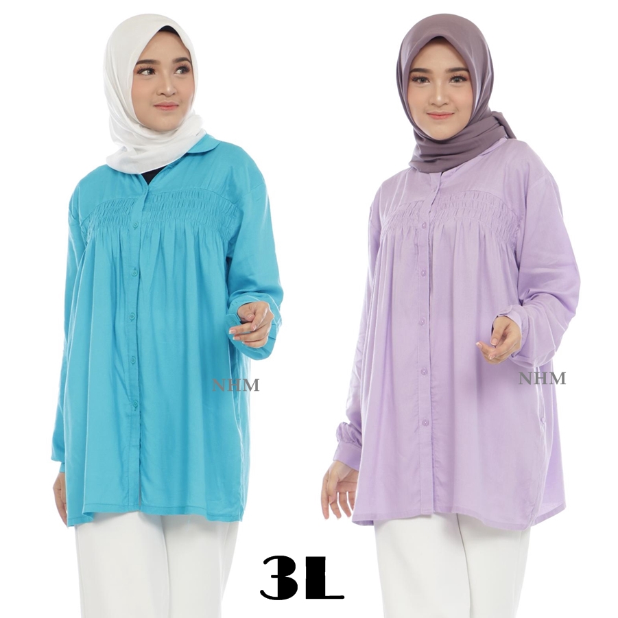 NHM Kemeja Wanita Jumbo 3L Tangan Panjang Katun Rayon