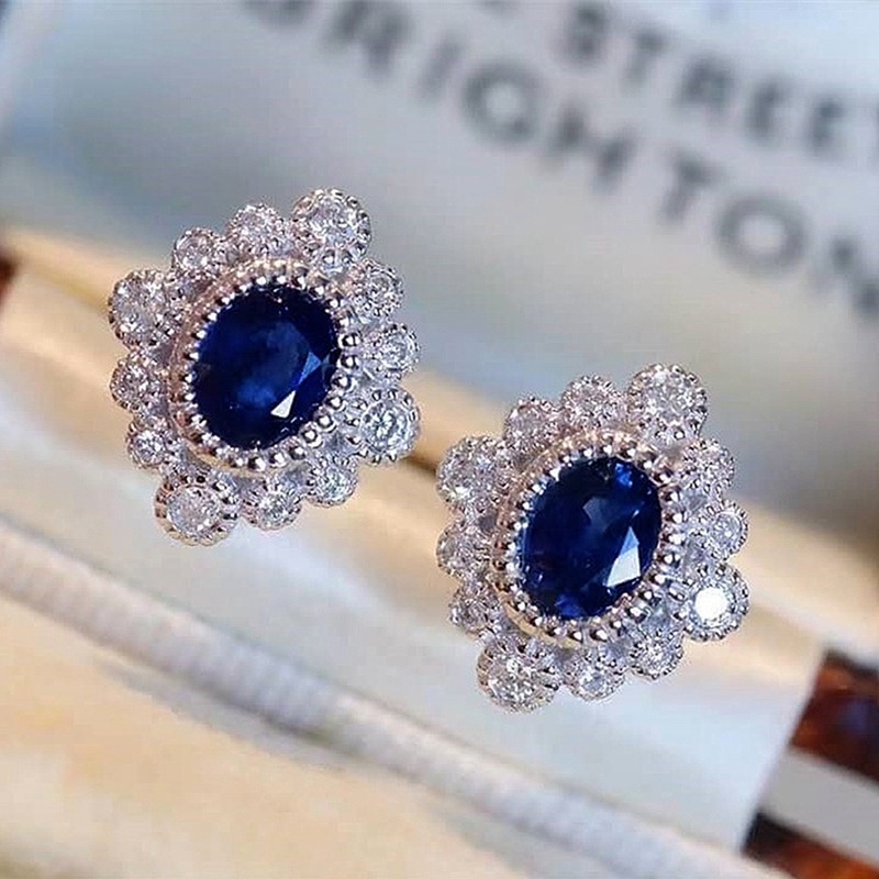 Anting Stud Cubic Zirconia Bentuk Oval Warna Putih Biru Lapis Silver Untuk Wanita