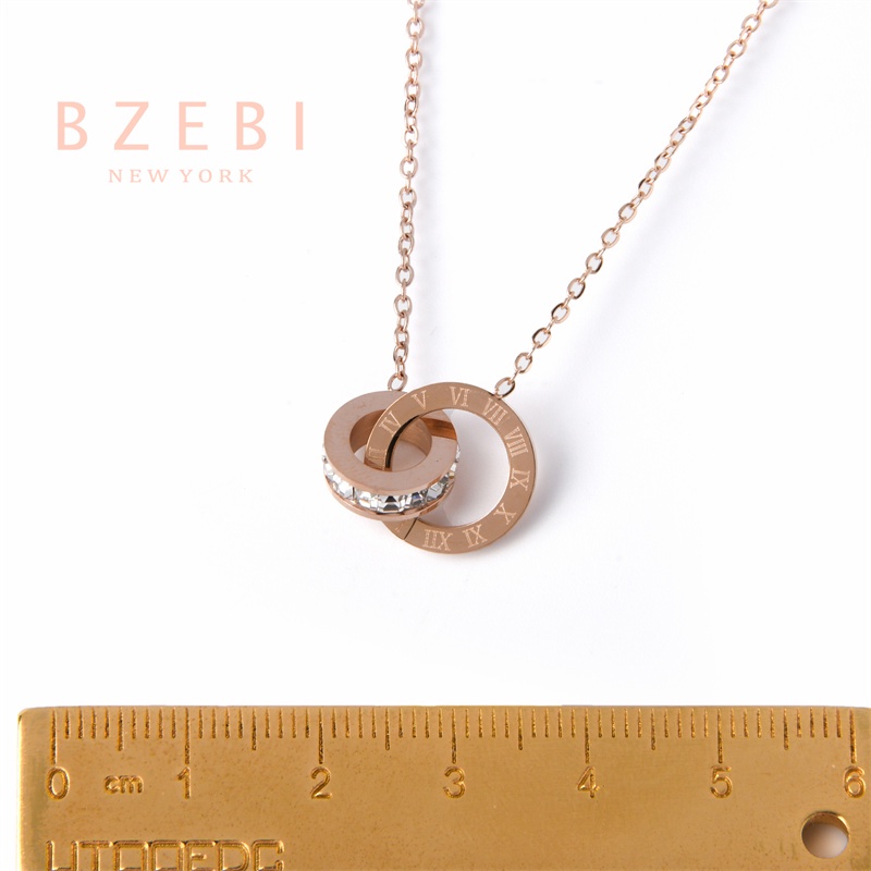 Bzebi Kalung Rantai Titanium Steel Rose Gold 18k Liontin Angka Romawi 961n Hias Berlian Untuk Wanita