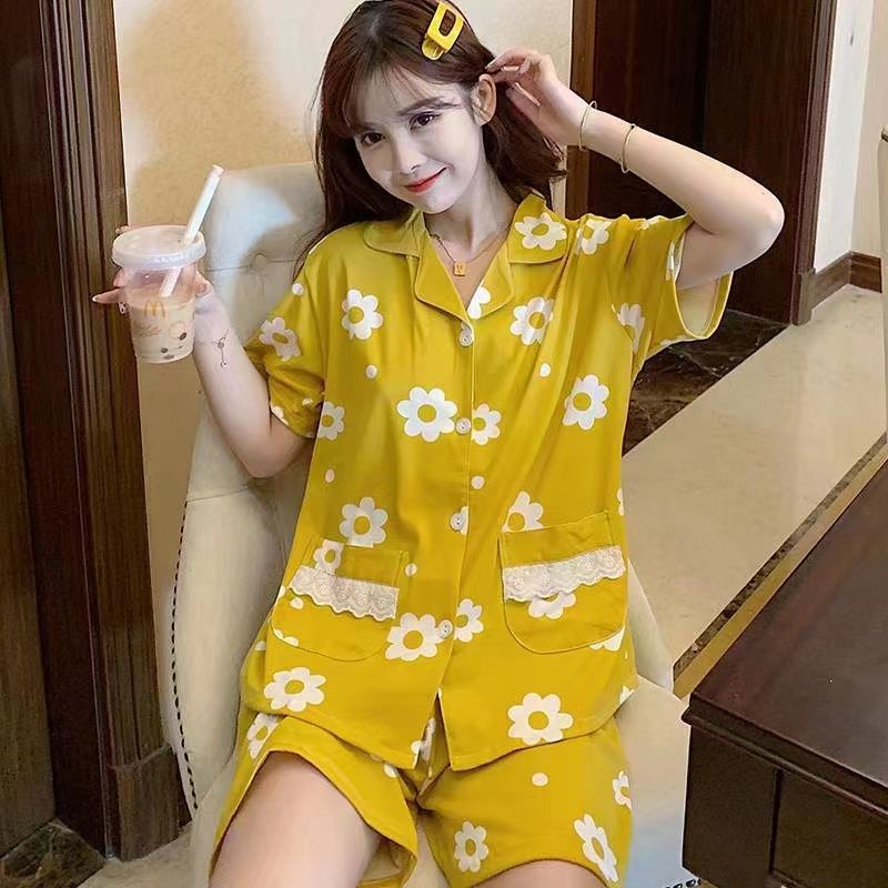 RULIF Baju tidur krah pendek wanita import Homewear/Piyama oneset Katun Kaos The Peach