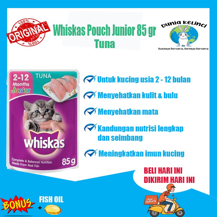 MAKANAN KUCING BASAH WHISKAS POUCH JUNIOR  85 GR TUNA SASET WET FOOD WISKAS