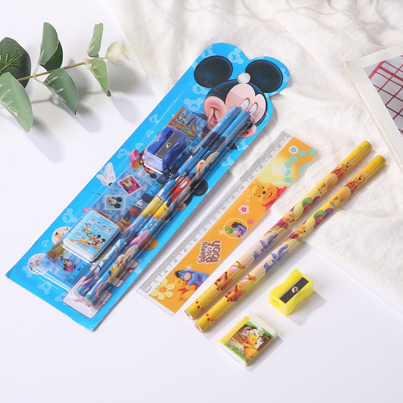 Pensil Set Karakter 5 IN 1 Anak cowok cewek hadia kado serutan penghapus pensil penggaris Lucu