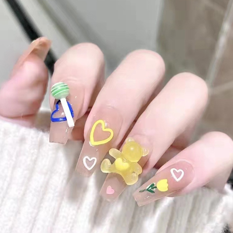 24pcs / Kotak Kuku Palsu Desain Beruang Lollipop Bunga Kecil Warna Kuning Untuk Dekorasi Nail Art