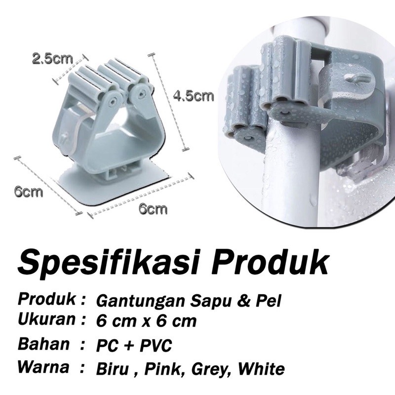 Gantungan Hook tempel gagang sapu pel/Clip holder pengait perabotan