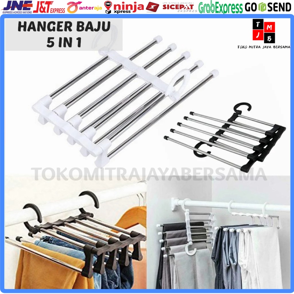 HANGER STAINLESS 5 IN 1 GANTUNGAN BAJU CELANA JILBAB SYAL PAKAIAN MULTIFUNGSI MAGIC GANTUNGAN PAKAIAN HITAM PUTIH