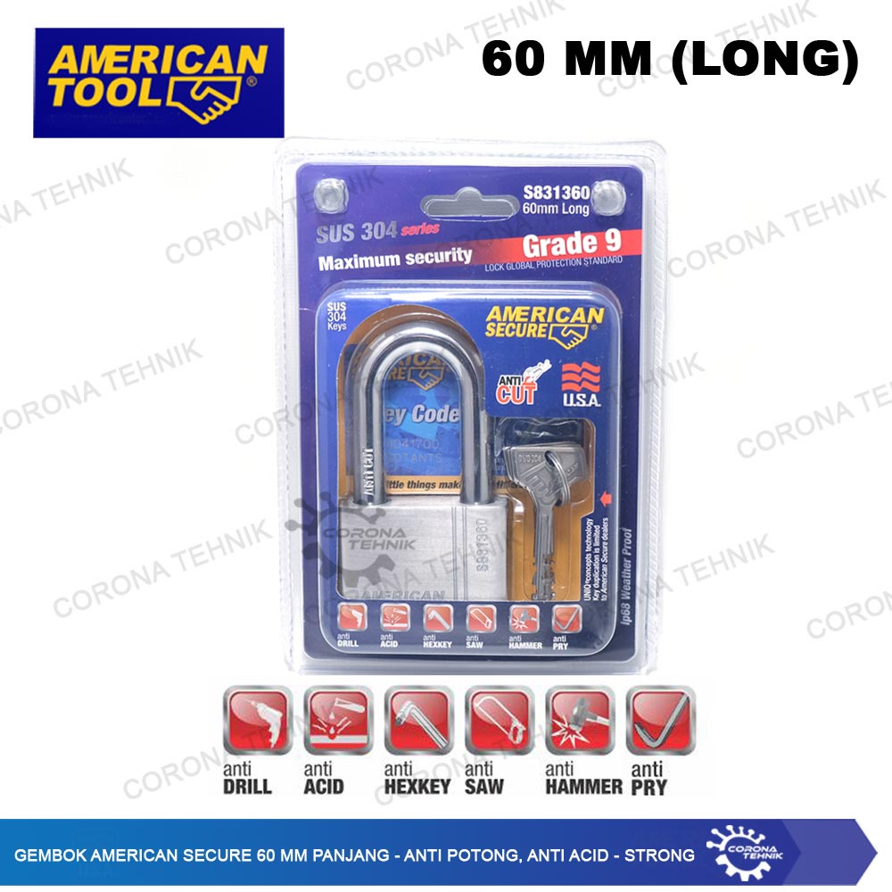 American  - Gembok Secure 60 mm Panjang - Anti Potong, Anti Acid - Strong