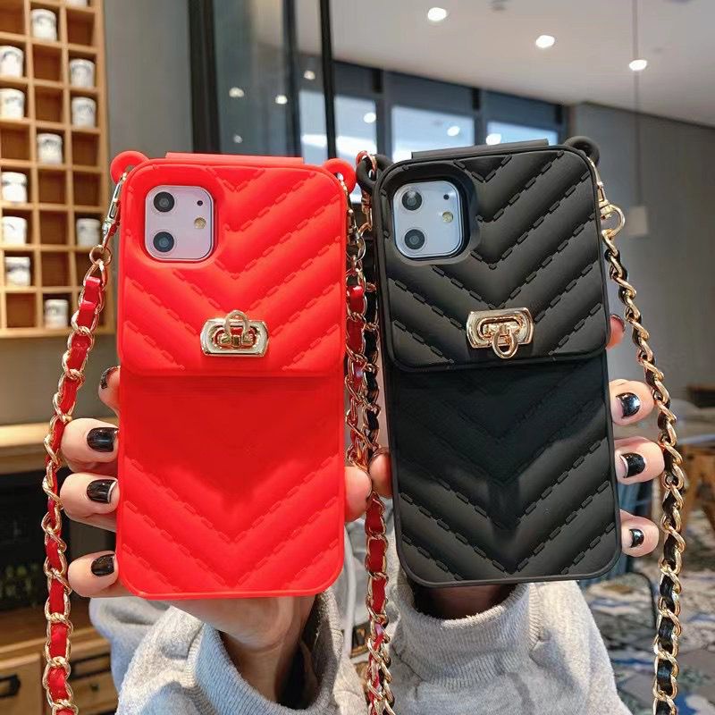 Softcase Silikon Tas Chan*nel Hitam Tali rantai Iphone 7 8 7+ 8+ X Xs Xr Max 11 12 13 Pro Max FH45