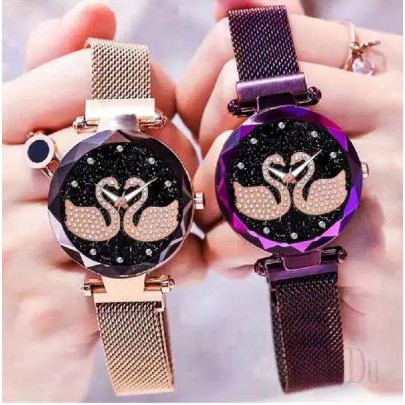 Jam Tangan Wanita Korea Strap Magnet Swarovskiy Double Angsa