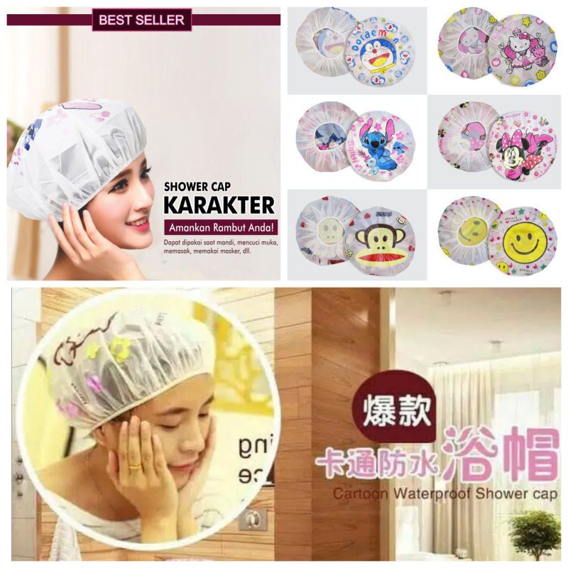 SHOWER CAP WATERPROOF KARAKTER LUCU COVER PENUTUP KEPALA WATERPROOF