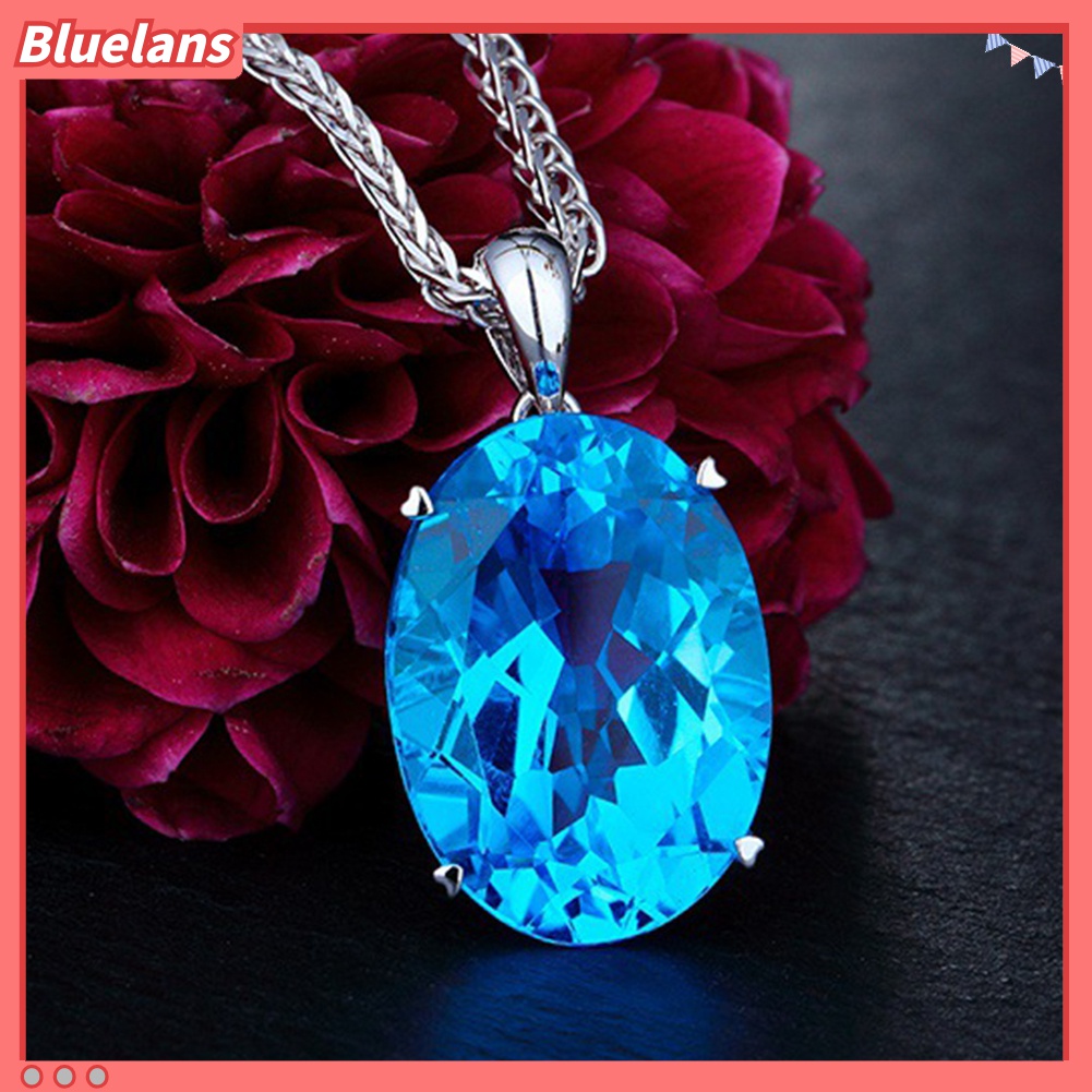 Kalung Rantai Liontin Berlian Imitasi Biru Besar Gaya Simple Elegan Untuk Wanita