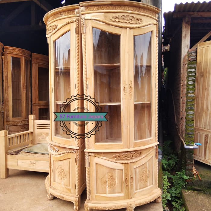 Lemari rak sudut/pojok hias pajangan ukir kayu jati mentahan