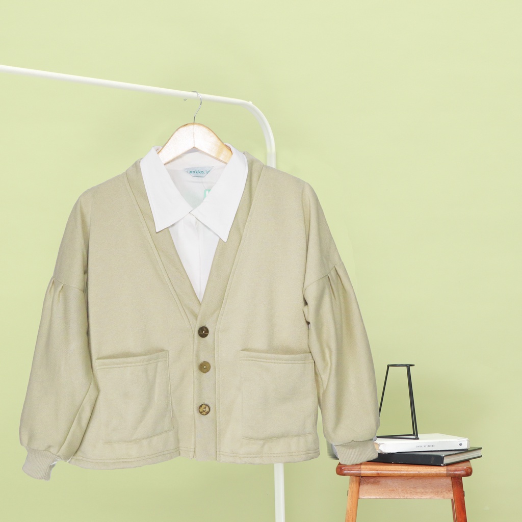 Sweater wanita model kardigan outer Lengan Puffy Pakaian wanita Casual korea-Cardigan Ivory