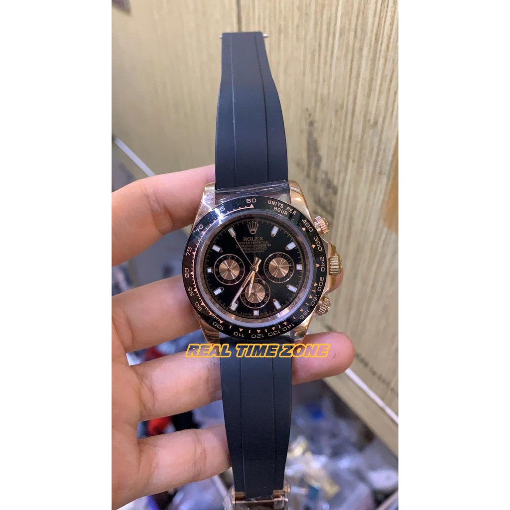 JAM TANGAN REAL ROLEX DAYTONA RUBBER ROSEGOLD BLACK MATIC 42MM GARANSI 1TH