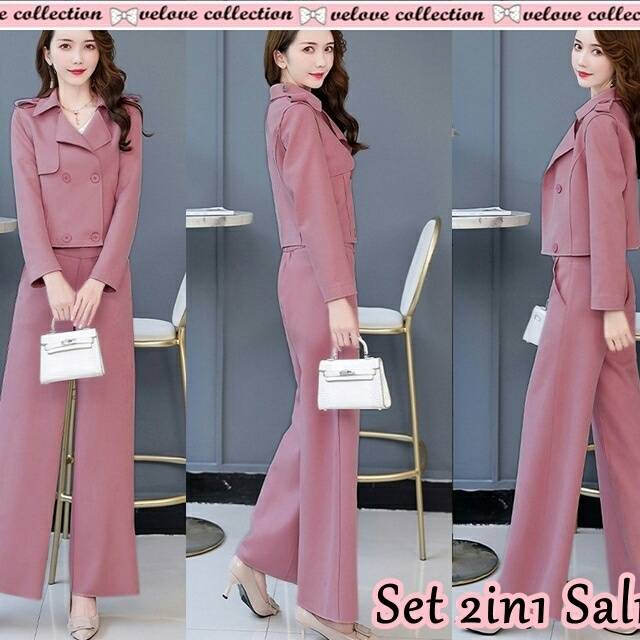 Setelan set baju kerja pink mustard korea wanita