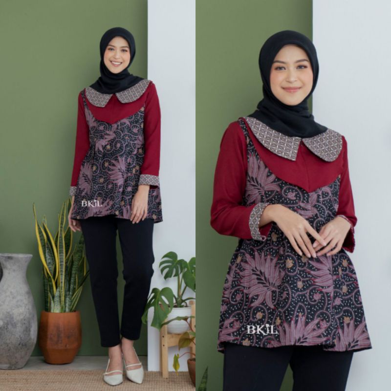 BKiL original atasan blouse batik cewek mix moscrepe double collar maroon jumbo kerja kantor modern