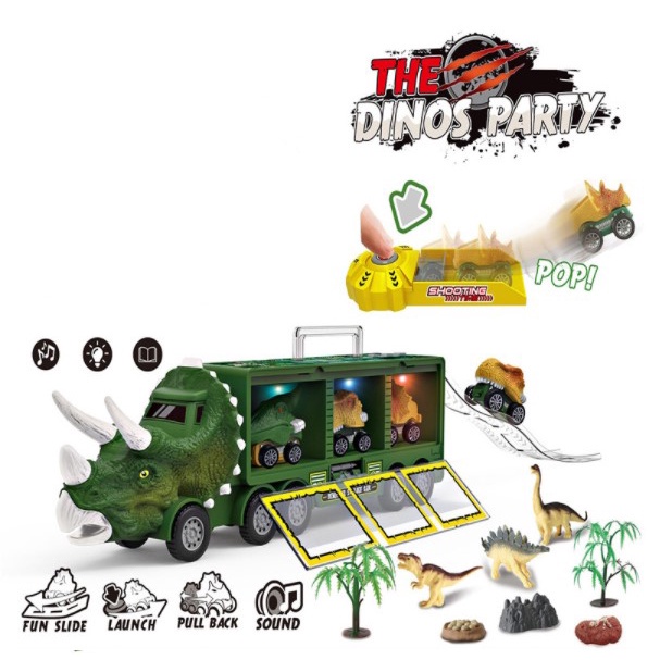 (Predolo1) Mainan Truk Transportasi Dinosaurus Model Pull Back Warna Hijau Untuk Anak Laki-Laki