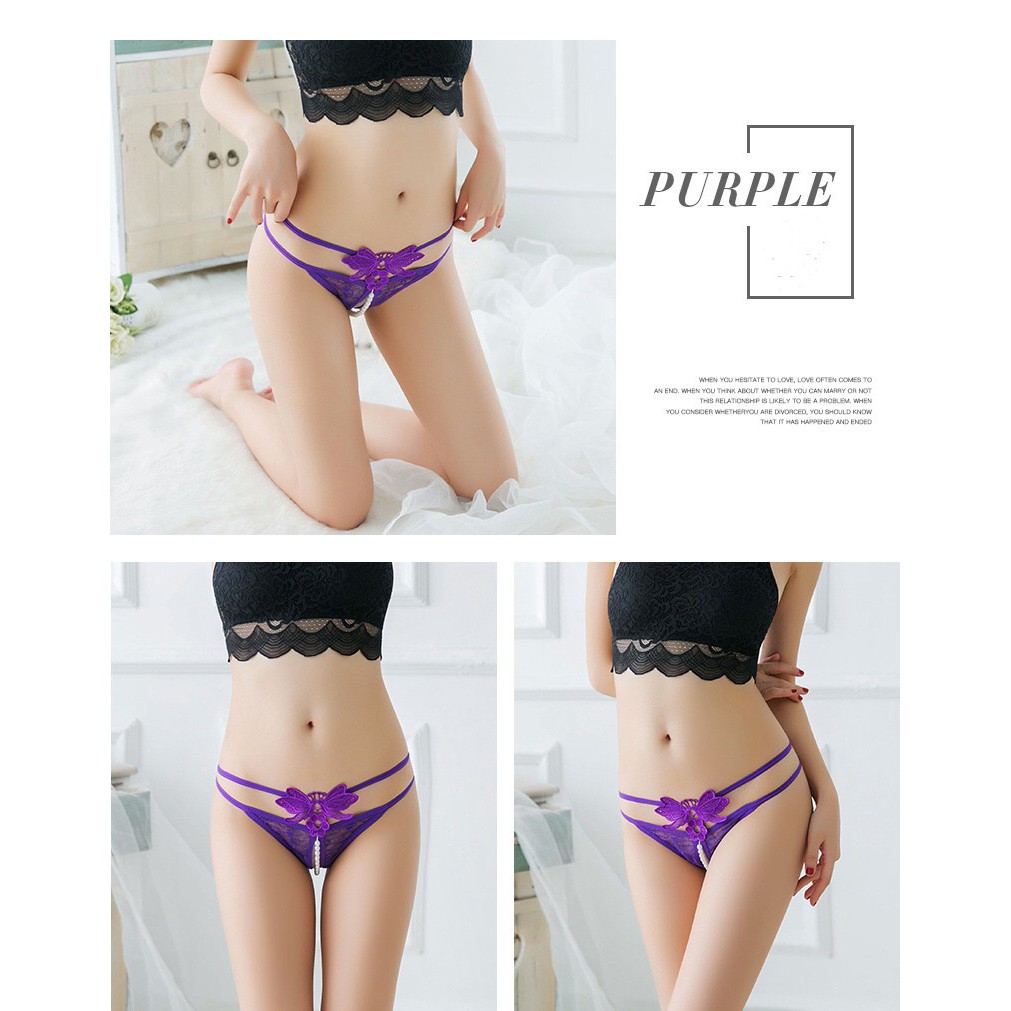 G String Low Waist Celana Dalam mutiara open Thong Bordir Kupu-Kupu C092