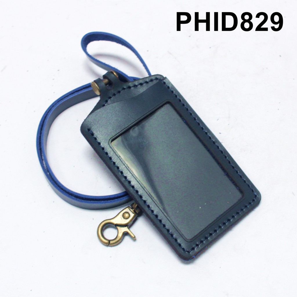 gantungan dompet ID card kulit biru - tali id card holder - PHID829