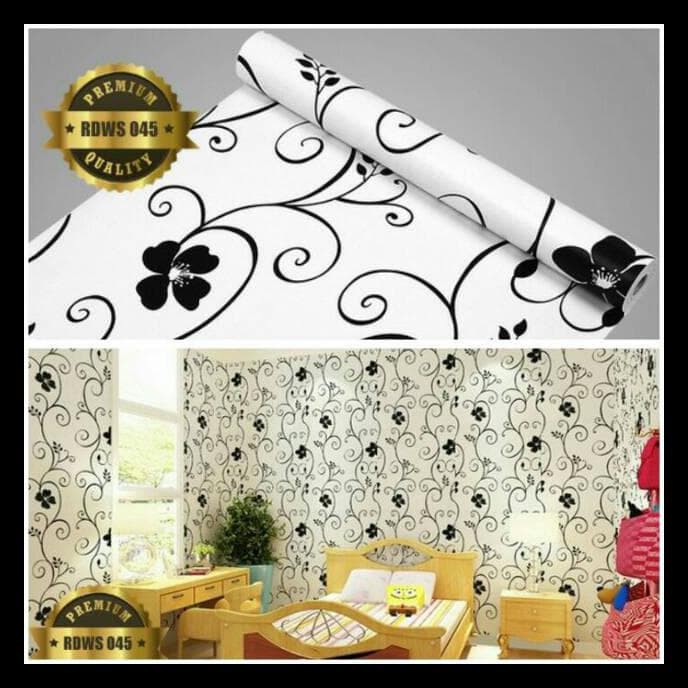 Wallpaper dinding ruangan kamar termurah motif bunga daun hitam putih panjang 10M x Lebar 45cm