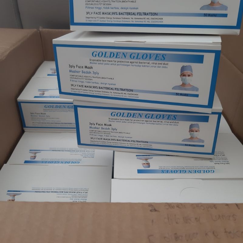 Masker medis earloop golden glove 3ply 1 karton