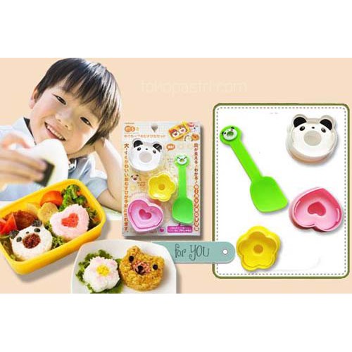 Cetakan Nasi Panda, Bunga Dan Love + Sekop Nasi - Cetakan Nasi Bento Isi 4 - Bento Tools Panda Mold