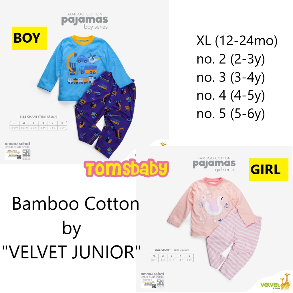 VELVET JUNIOR (1stel) Piyama Mix &amp; Match BAMBOO Cotton Stelan Baju Tidur Anak BOY dan GIRL