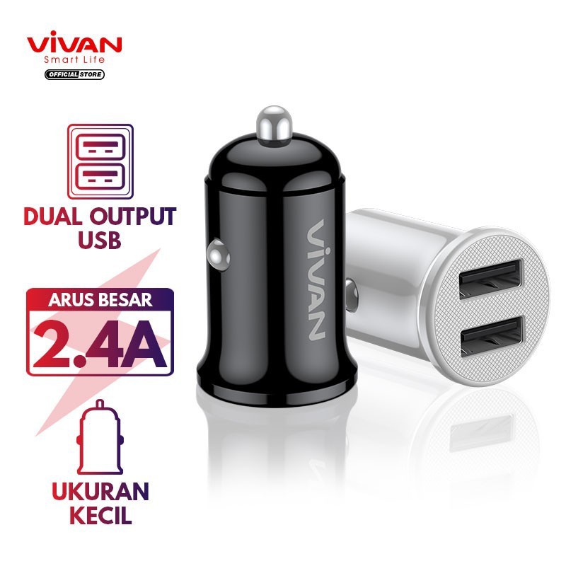 VIVAN Car Charger VCC01 2.4A Dual Port Small Sever Mobil Portable white Cable 100cm Garansi Resmi