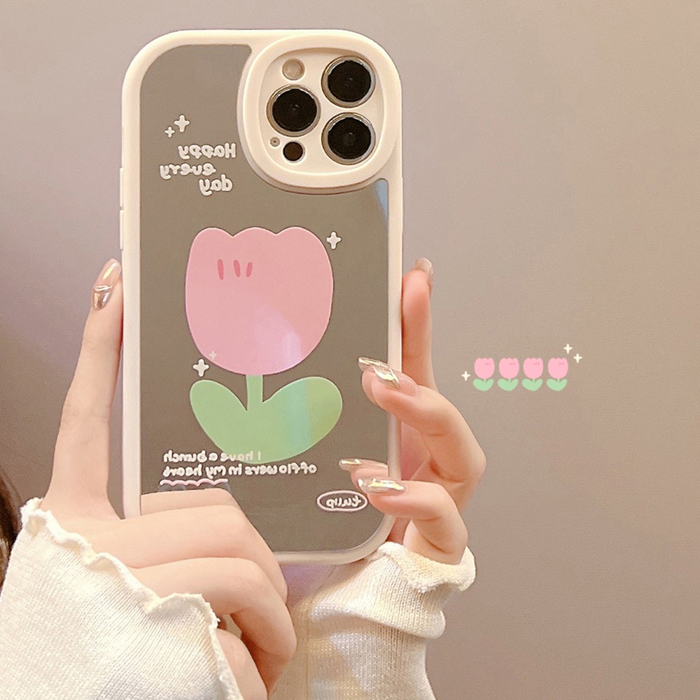 Case Pelindung Motif Bunga Pink Dengan Cermin Makeup Untuk Iphone 11 8 7 Plus SE2 XS XR 12 13 Mini PRO MAX